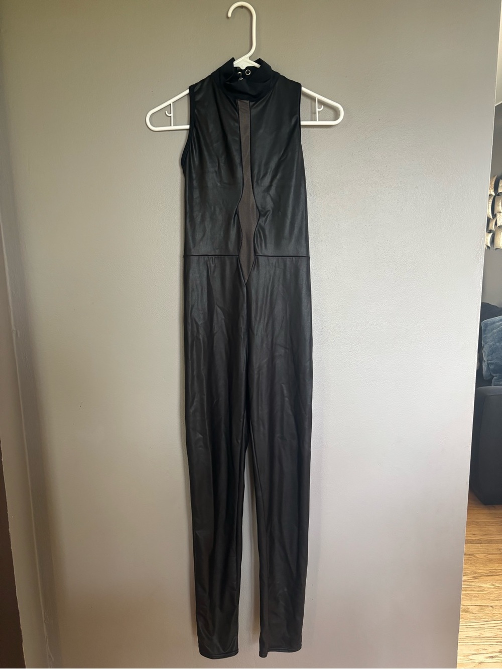 Weissman Black Sleeveless Faux Leather High-Neck Jumpsuit